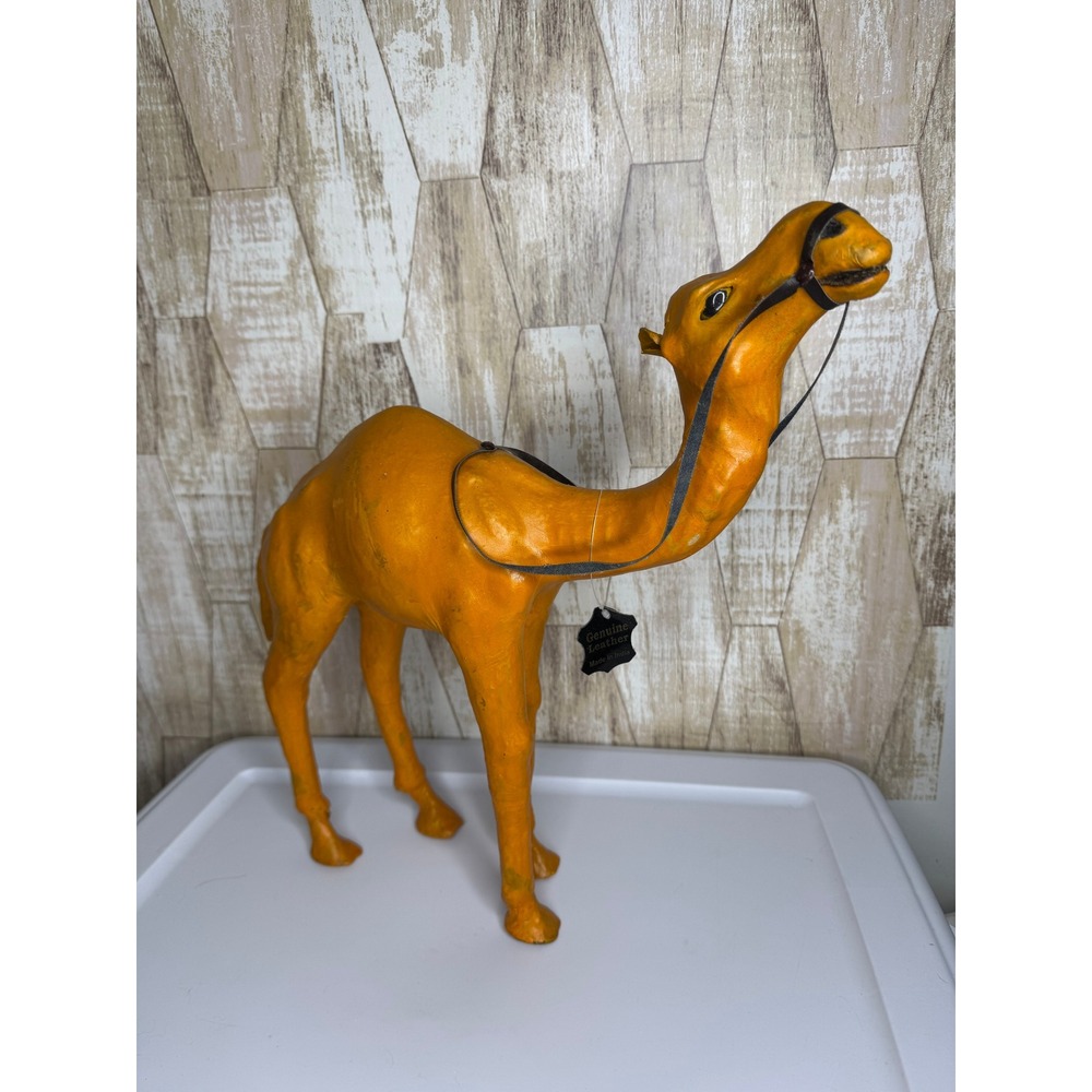 Vintage Genuine Leather Camel Figurine Statue Made in India Tan 15.5 Inch